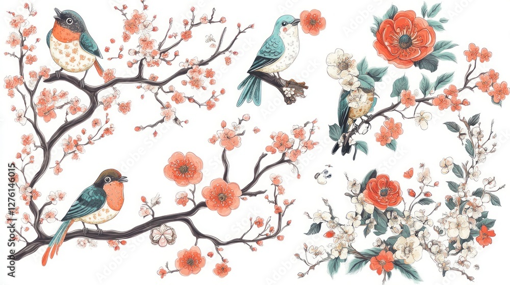 Fototapeta premium Decorative Cherry Blossoms with Birds, Asian Inspired Design, Printable Art, Print