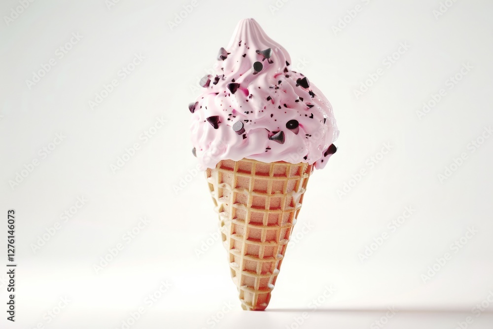 Pink ice cream cone with chocolate chips on white background. AI image Pink ice cream cone with chocolate chips on white background. AI image