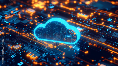 Tech-Inspired Art: Circuit Board with Glowing Cloud Form and Sparkling Lights