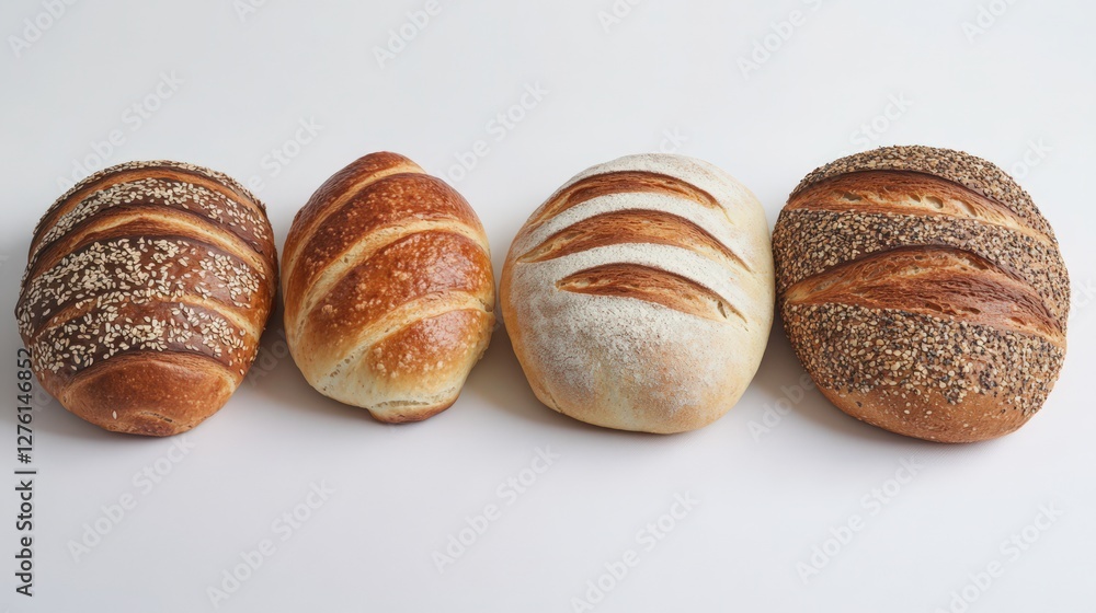 Freshly Baked Artisan Breads Displayed on a White Surface with Natural Lighting Freshly Baked Artisan Breads Displayed on a White Surface with Natural Lighting