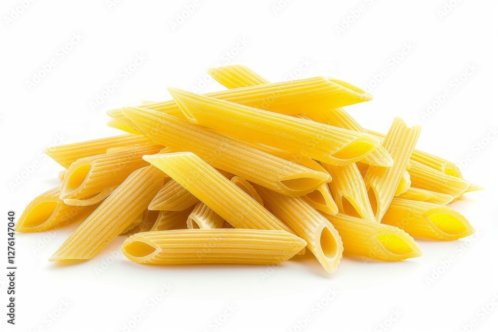 Pile of raw penne pasta on white background. AI image