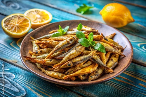 Fototapeta Naklejka Na Ścianę i Meble -  Delicious Turkish Hamsi Tava: Fried Anchovies with Copy Space