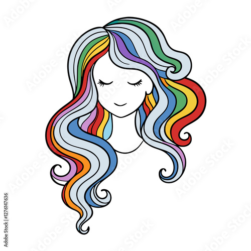 Colorful illustrated woman with flowing hair, artistic design concept
