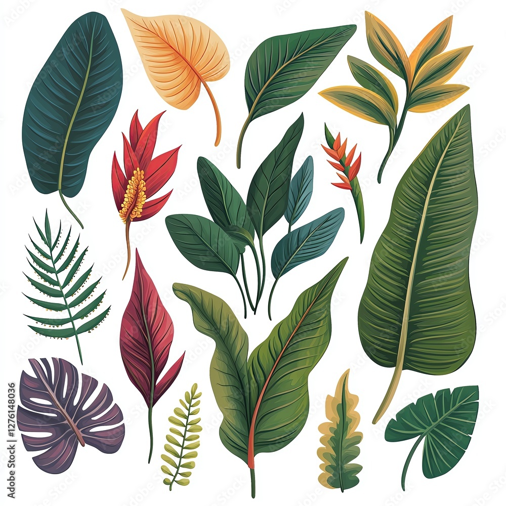 Fototapeta premium realistic of collection of tropical leaves isolated on white background,Lush Tropical Leaves Collection – Realistic Botanical Beauty on White Vibrant tropical leaves and flowers collection.