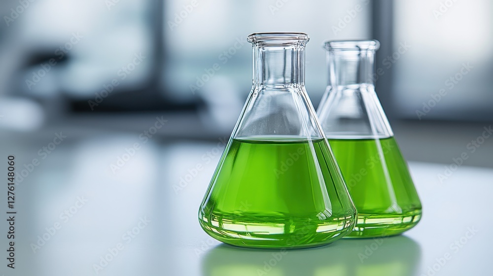 Two clear glass Erlenmeyer flasks containing bright green liquid sit on a white lab table against a blurred background. The liquid reflects light Two clear glass Erlenmeyer flasks containing bright green liquid sit on a white lab table against a blurred background. The liquid reflects light