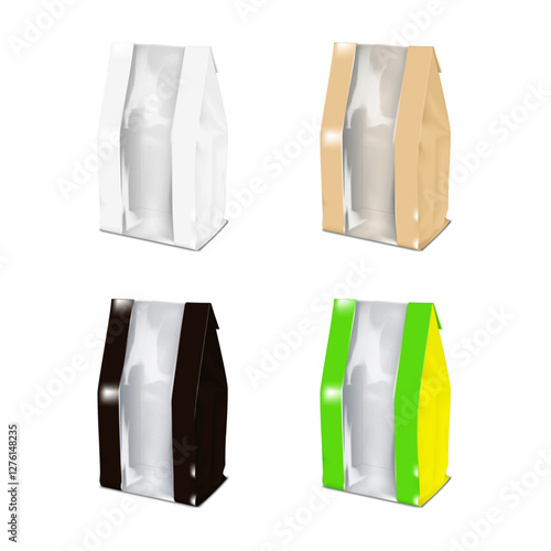 Food paper bag with clear plastic window. Realistic 3d vector mockup set. White, kraft, black, two-color mockup. Easy editable. Flat bottom gusseted pouch package with transparent window. Template