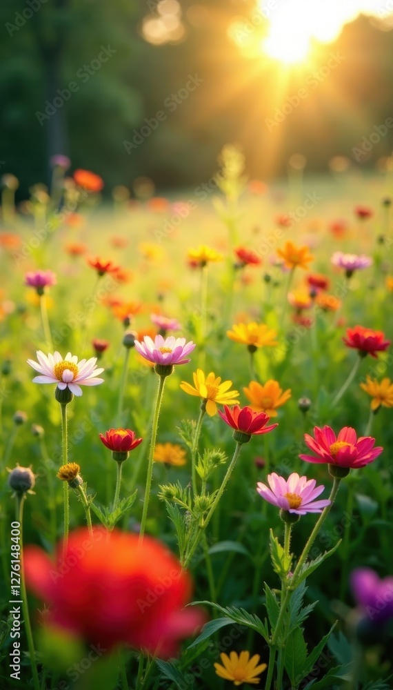 Sun drenched field of wildflowers in full bloom , colorful, summer, ecology Sun drenched field of wildflowers in full bloom , colorful, summer, ecology