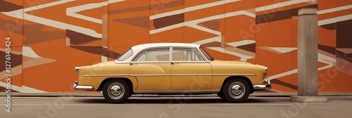 Yellow classic car parked on a street with an orange pattern wall in the background