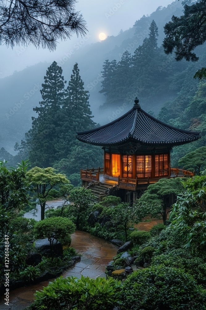 Serene evening in a traditional pavilion surrounded by lush greenery and misty mountains Serene evening in a traditional pavilion surrounded by lush greenery and misty mountains