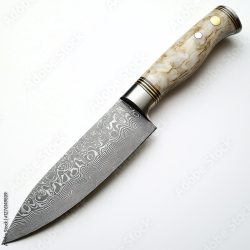 A sharp chef's knife with a Damascus steel pattern, photorealistic, white background