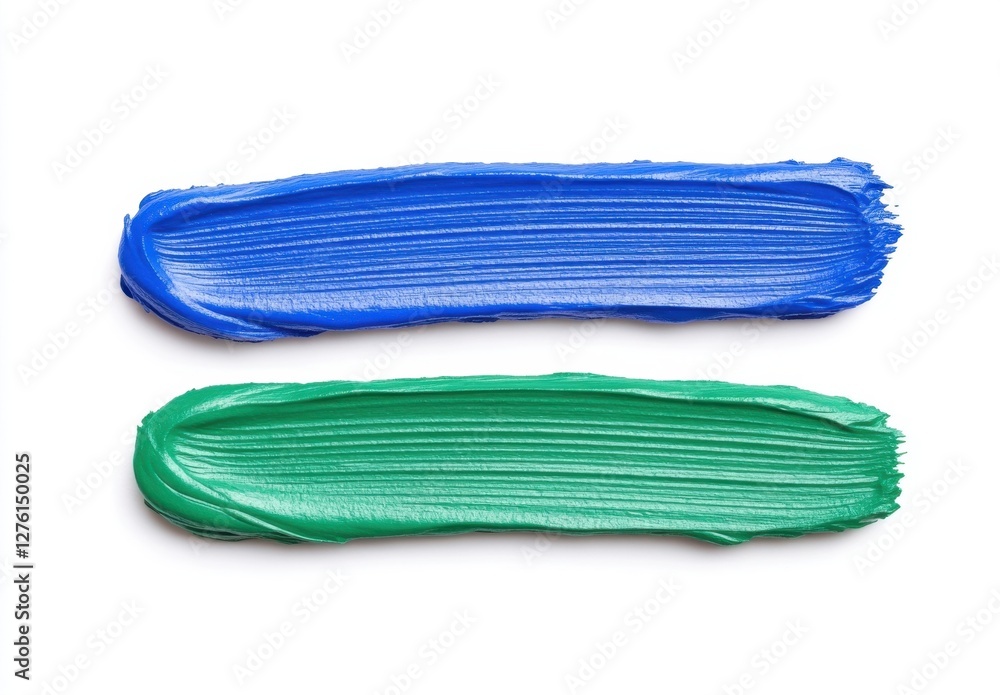 Two vibrant paint strokes, one blue and one green, are set against a stark white background. The paint is thick and textured, exhibiting brush Two vibrant paint strokes, one blue and one green, are set against a stark white background. The paint is thick and textured, exhibiting brush