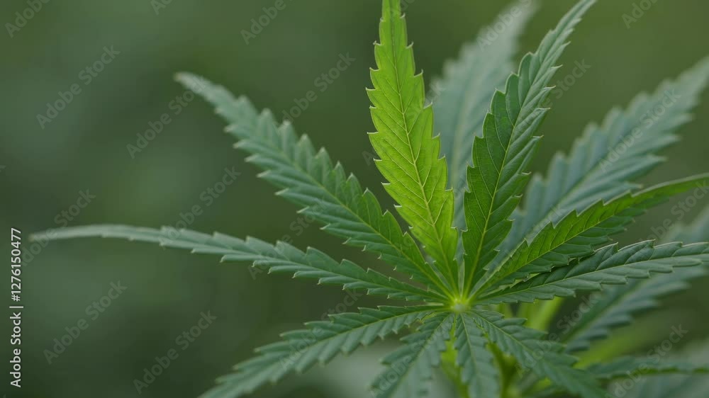 Close-up video of a cannabis leaf, captured from a side angle. The focus is on the leaf's texture and vibrant green color against a blurred background. Close-up video of a cannabis leaf, captured from a side angle. The focus is on the leaf's texture and vibrant green color against a blurred background.