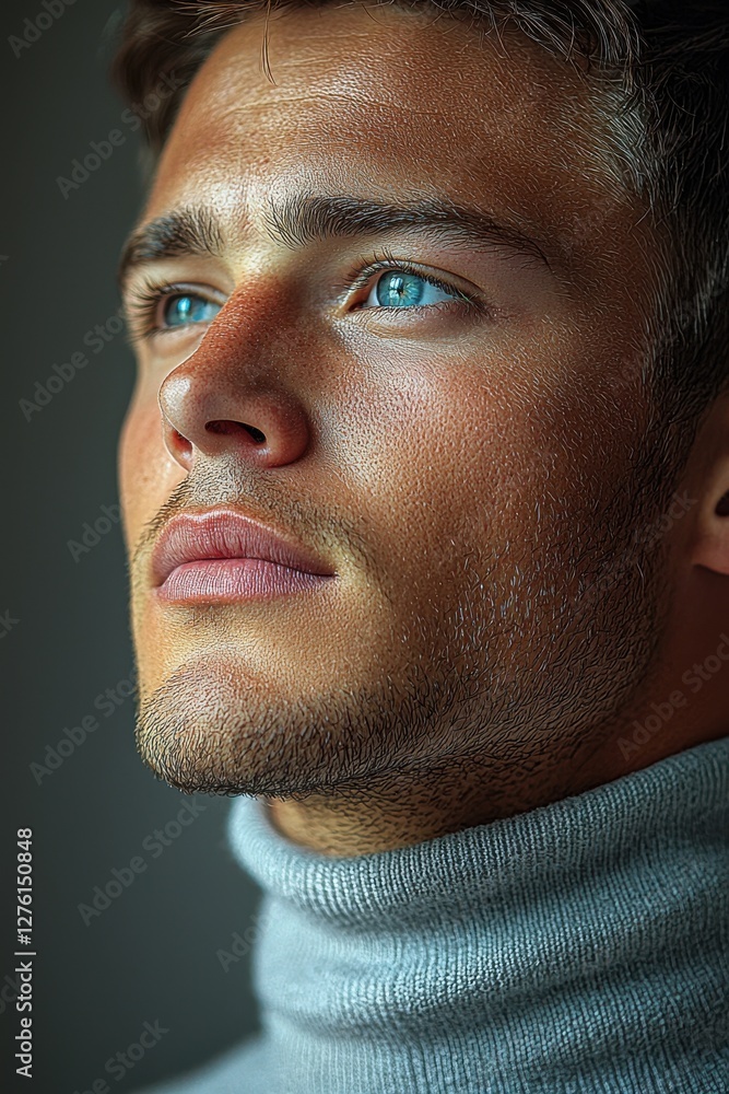 Young man with stunning blue eyes and a thoughtful expression wearing a turtleneck in soft lighting Young man with stunning blue eyes and a thoughtful expression wearing a turtleneck in soft lighting
