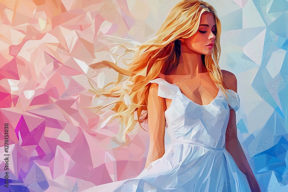 Beautiful Woman in Flowing White Dress Low Poly Art Style Elegant Blonde Hair Gentle Breeze Summer Fashion Digital Beautiful Woman in Flowing White Dress Low Poly Art Style Elegant Blonde Hair Gentle Breeze Summer Fashion Digital