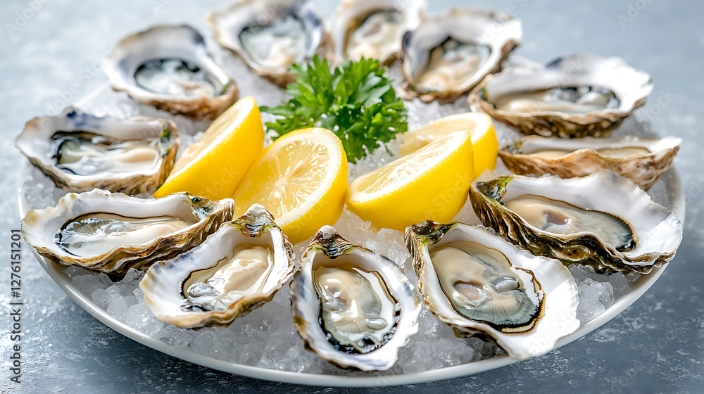 Plate of fresh oysters on ice with lemon wedges and parsley. Plate of fresh oysters on ice with lemon wedges and parsley.