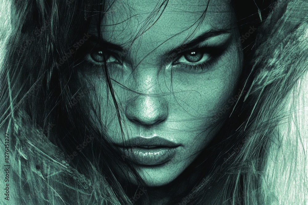 Intense portrait of a woman with striking features and captivating gaze in monochrome tones Intense portrait of a woman with striking features and captivating gaze in monochrome tones