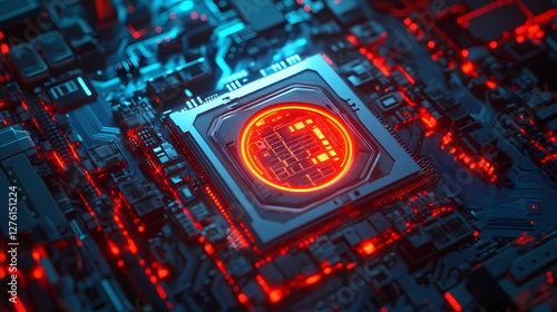 Microprocessor Chip on Circuit Board with Blue Frame and Red Glow