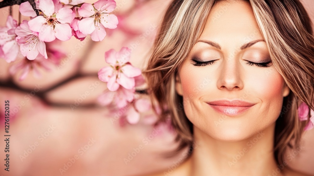 Serene Woman with Closed Eyes Surrounded by Pink Cherry Blossoms in Soft Light Serene Woman with Closed Eyes Surrounded by Pink Cherry Blossoms in Soft Light