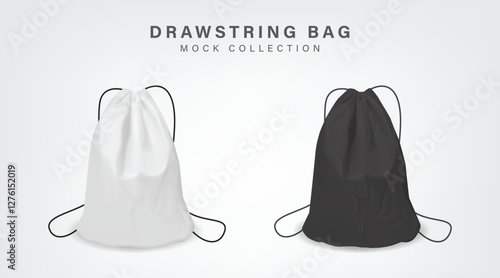 Vector illustration of realistic white, black drawstring bags, ideal for branding, packaging, and promotional content. Perfect for themes of reusable bags, eco-friendly products, and minimalist design