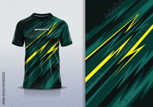 Modern Athletic Jersey Mockup, A dynamic t-shirt mockup featuring an abstract stripe pattern, designed for football, soccer, racing, esports, and running in a sleek dark green yellow color