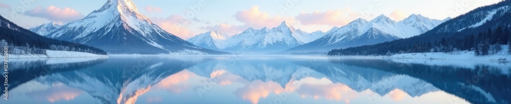 Snow-capped mountain range reflects in calm lake, reflection, frozen water, mountain reflection Snow-capped mountain range reflects in calm lake, reflection, frozen water, mountain reflection