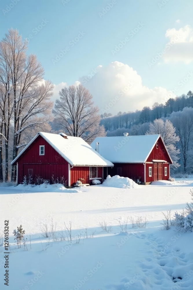 Snow covered farm buildings with trees in the background, landscape, trees, rustic Snow covered farm buildings with trees in the background, landscape, trees, rustic
