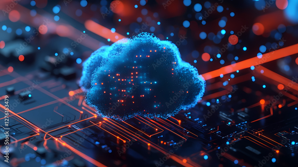 Tech Concept: Circuit Board with Floating Cloud Tech Concept: Circuit Board with Floating Cloud