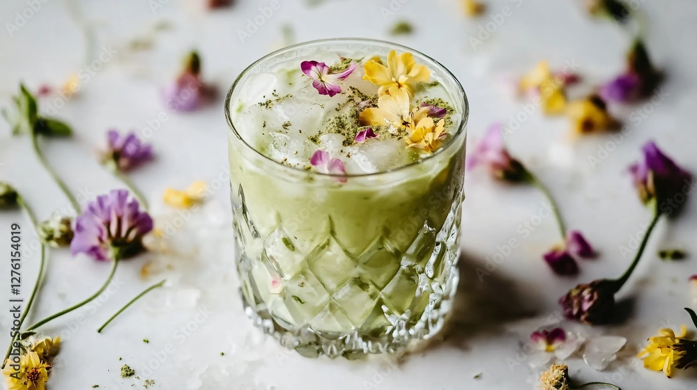 A refreshing iced matcha latte with delicate flower petals on top, served in a transparent glass, isolated on a white surface A refreshing iced matcha latte with delicate flower petals on top, served in a transparent glass, isolated on a white surface