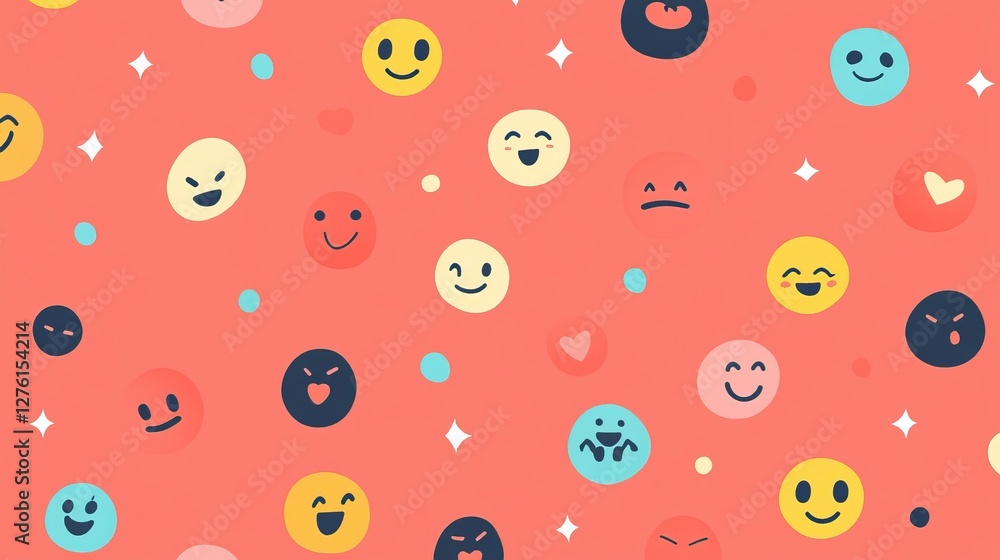 Fototapeta premium Colorful emoji pattern with diverse expressions on coral background for april fool's day theme