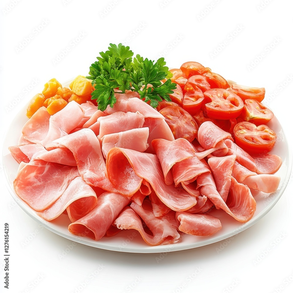 Delicious ham slices with tomatoes and parsley on a plate. Delicious ham slices with tomatoes and parsley on a plate.