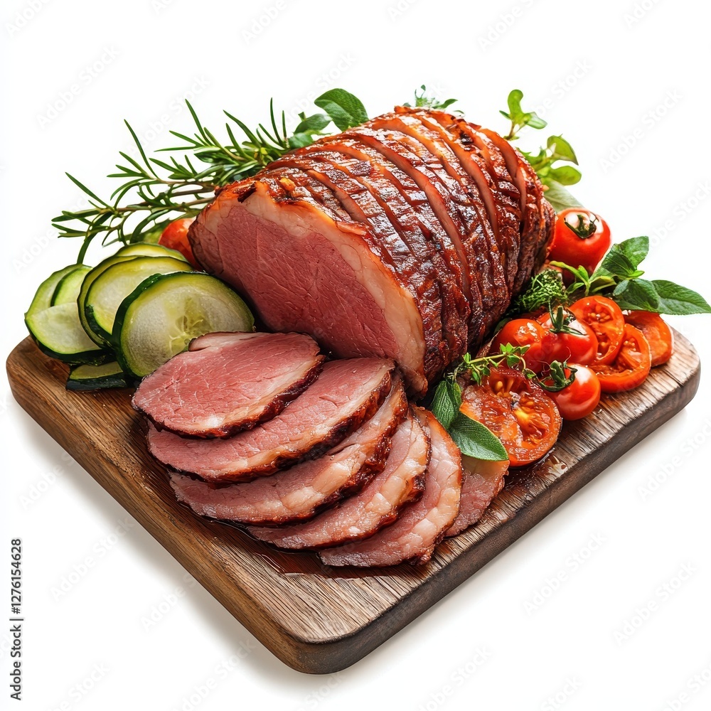 Roasted Beef, Sliced, with Vegetables on Wooden Board. Roasted Beef, Sliced, with Vegetables on Wooden Board.