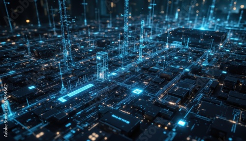 Wallpaper Mural Futuristic Digital Landscape with Neon Blue Lights and 3D Grid Structure in High-Tech City Torontodigital.ca