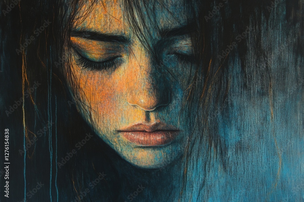 Portrait of a young woman with closed eyes reflecting deep emotions and tranquility in an artistic style Portrait of a young woman with closed eyes reflecting deep emotions and tranquility in an artistic style