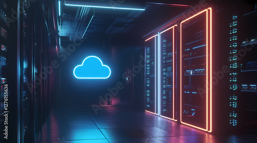 Futuristic Tech Room with Glowing Cloud and Data Cabinets