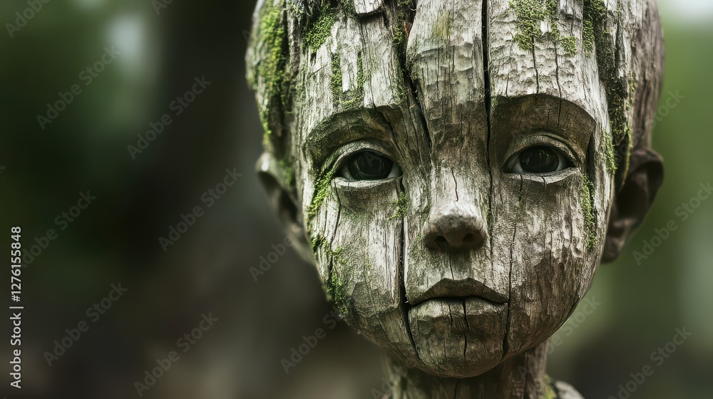 A striking close-up of a humanoid figure made from wood, with moss and bark, blending elements of nature and artistry into a hauntingly beautiful creation. A striking close-up of a humanoid figure made from wood, with moss and bark, blending elements of nature and artistry into a hauntingly beautiful creation.