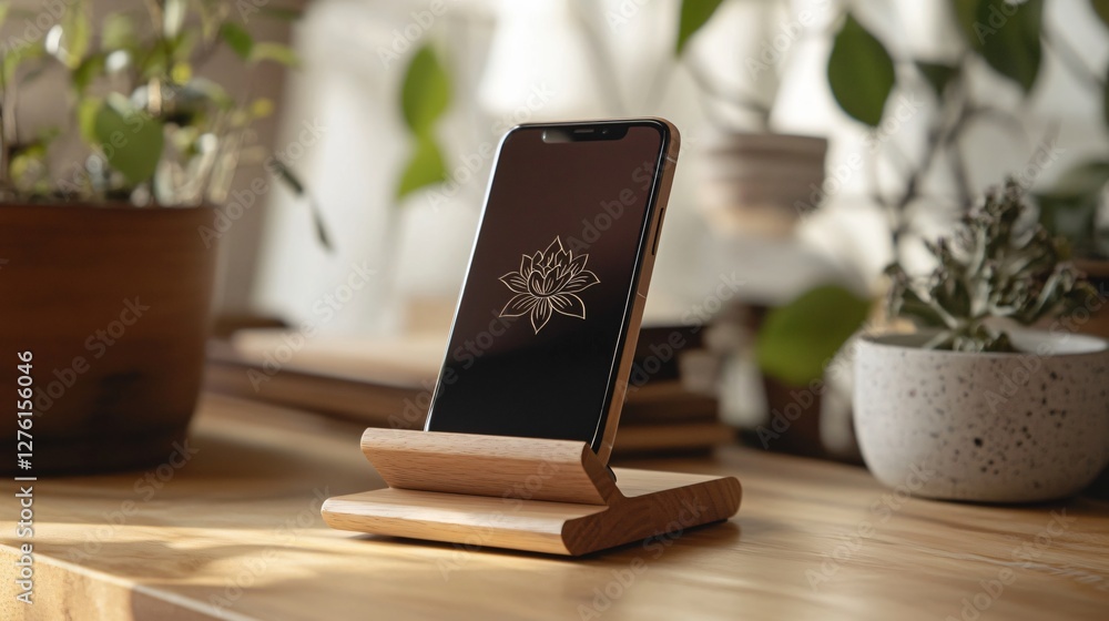A stylish phone stand with a wooden base and floral engraving, presented on a warm, minimalistic surface A stylish phone stand with a wooden base and floral engraving, presented on a warm, minimalistic surface