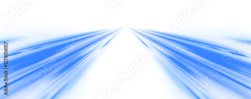 Digital image of light rays, striped lines on a blue light background. Panoramic high speed technology concept, neon lines on white transparent background in PNG format. Abstract image of speed motion