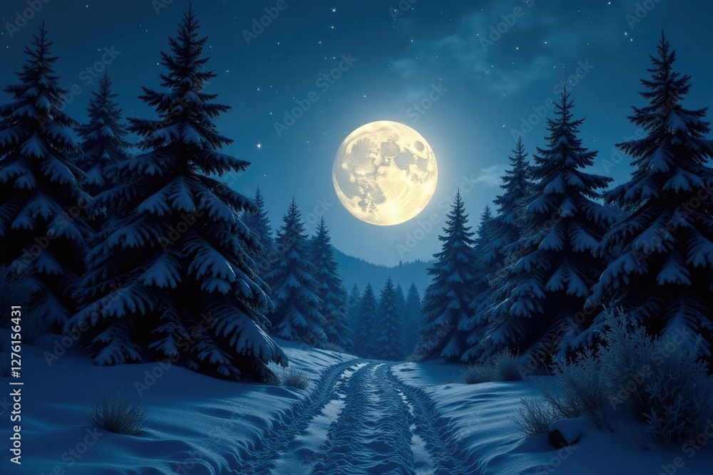 Fototapeta premium Towering evergreens illuminated from within, backlit by a full moon, sparkling, magical