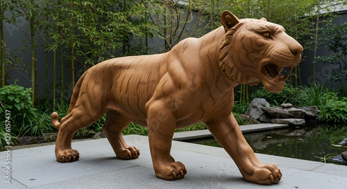 Walking Tiger Statue in Garden Setting with Green Bamboo Background