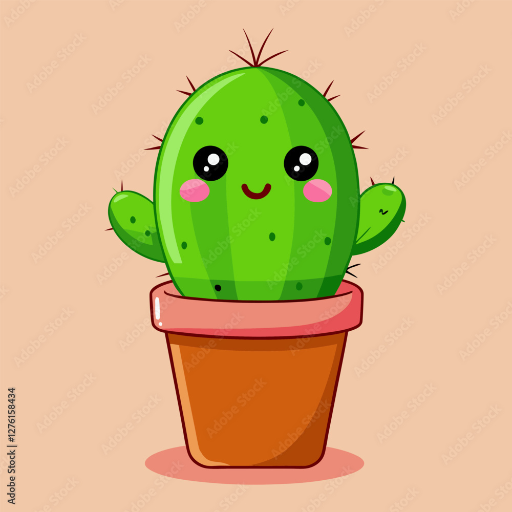 Kawaii Cactus Illustration: Cute Green Succulent in Pot - Kids' Design. Kawaii Cactus Illustration: Cute Green Succulent in Pot - Kids' Design.