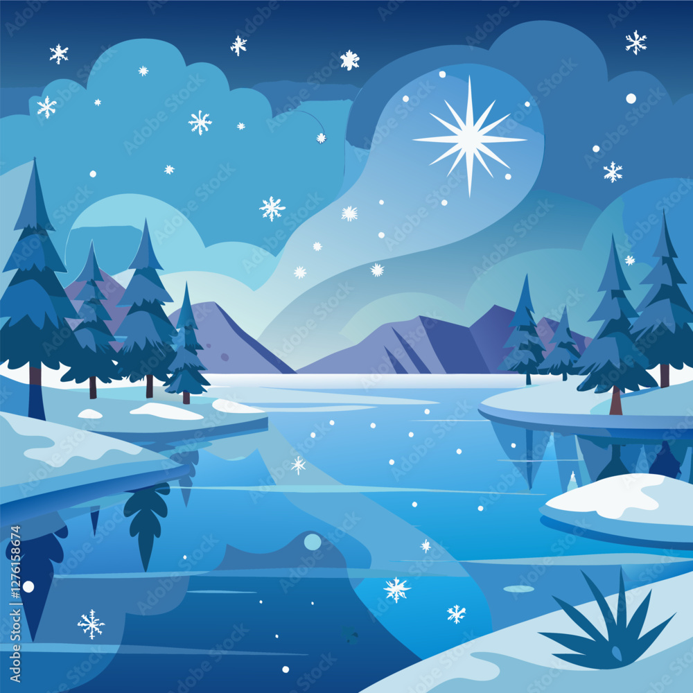 Naklejka premium Stunning Winter Wonderland Landscape - Frozen Lake, Snow.