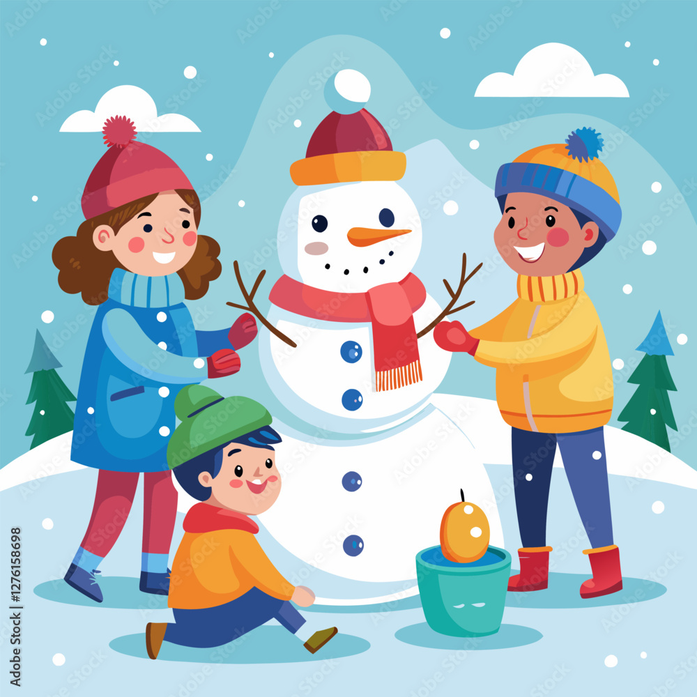 Kids Building Snowman, Winter Fun, Cartoon Illustration, Colorful Design. Kids Building Snowman, Winter Fun, Cartoon Illustration, Colorful Design.