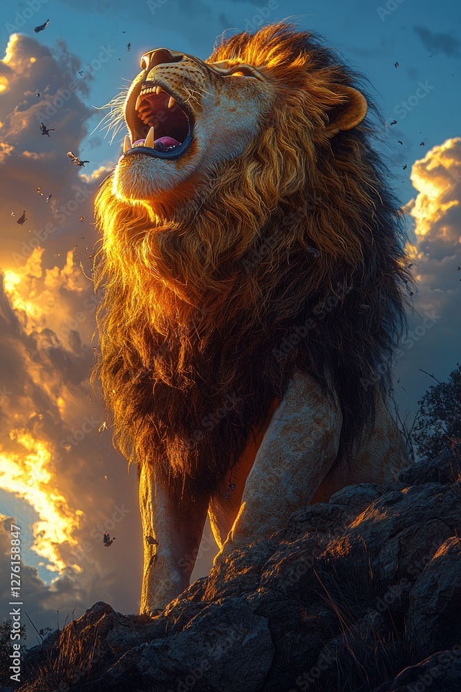 Naklejka premium Majestic Lion Roaring at Sunset Golden Light