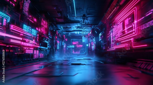 Neon lights illuminate a futuristic corridor.