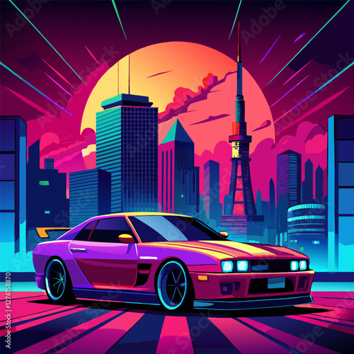 Retro 80s Purple Sports Car Cityscape Vector Illustration - Sunset Tokyo Tower.