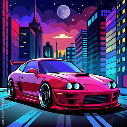 Pink Sports Car Night City Illustration - Retro 80s Style.