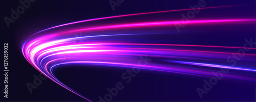 Neon color glowing lines background, high-speed light. Modern abstract high-speed light motion effect on a black background, featuring neon stripes in the form of drills, turns, and swirls.