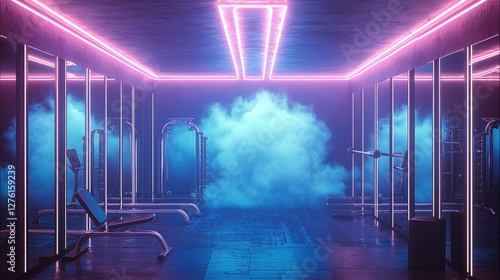 The background is an empty gym with mirrors in blue and pink neon lighting with smoke and an atmosphere of power. photo