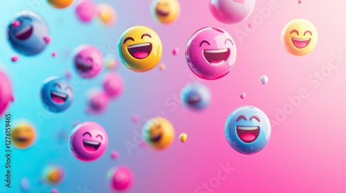 Colorful bouncing spheres with laughing emoji faces on pastel background representing joyful april fool's day concept