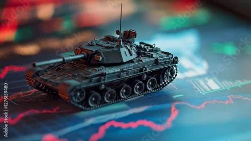 Military tank model on a stock market chart showcasing economic trends and data analysis